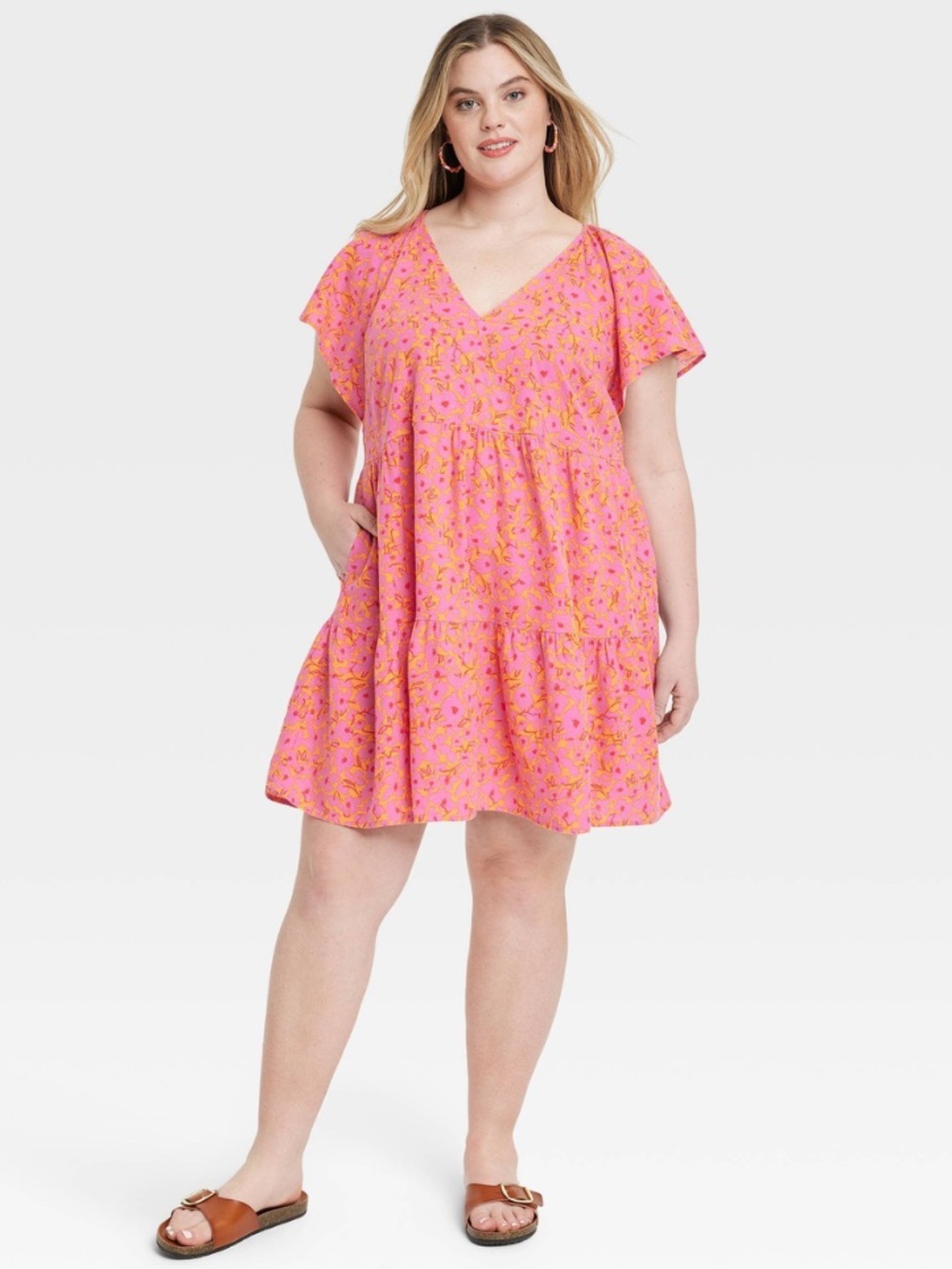 Universal Thread Pink Floral V-Neck Tiered Dress